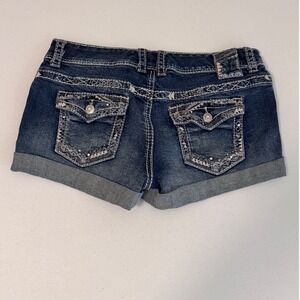 Maurices Womens Dark Wash Embroidered Sequin Cuffed Denim Jean Shorts 7/8 Y2K bb